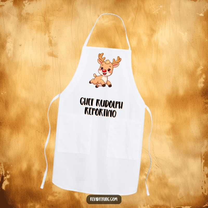 Funny apron depicting a small, furry reindeer with a prominent red nose, joyfully leaping over a swirl of snowflakes.