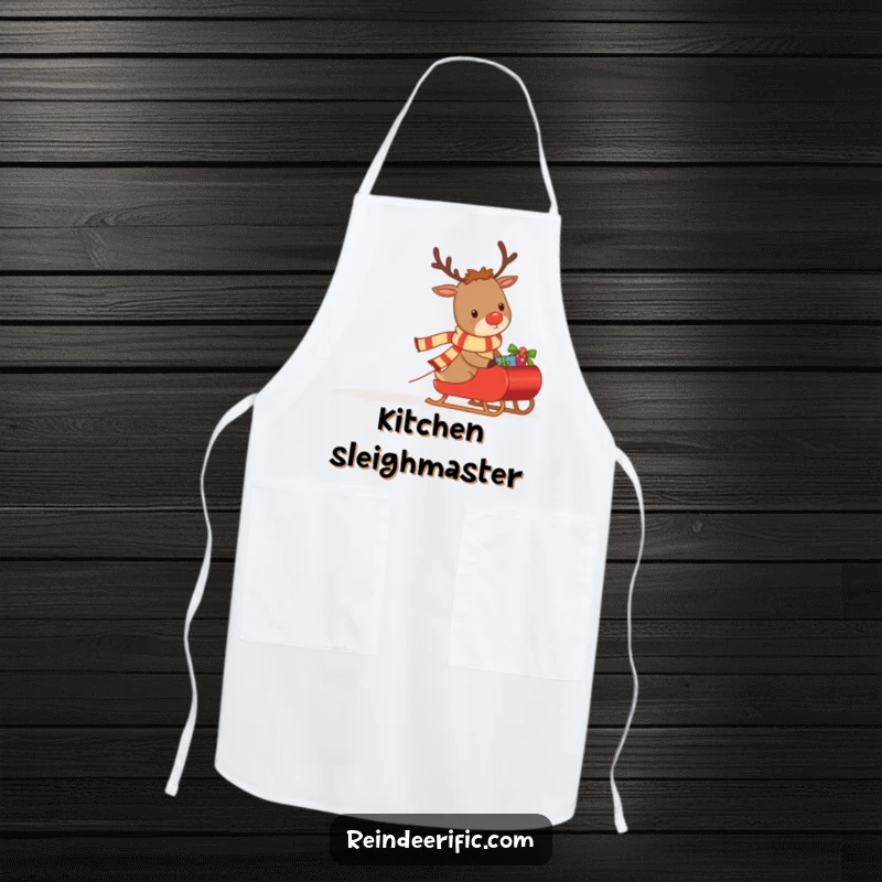 Funny apron depicting a determined reindeer with a tiny festive scarf, pulling a sleigh loaded with holiday gifts.