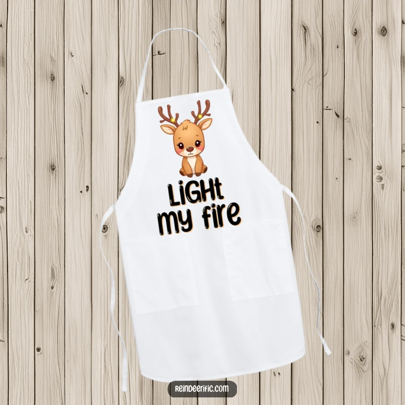 Funny small brown reindeer with antlers decorated with tiny, glowing fairy lights, on a kitchen apron.