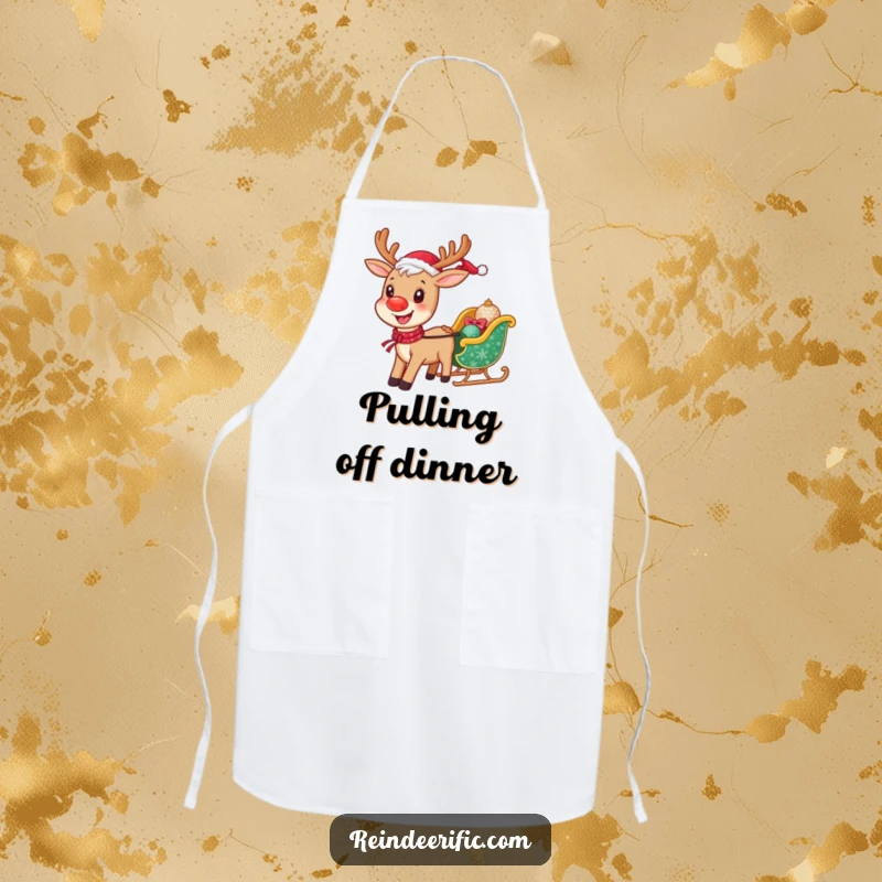 Funny apron showing a smiling reindeer happily pulling a small, sparkling sleigh, adding festive flair to cooking.