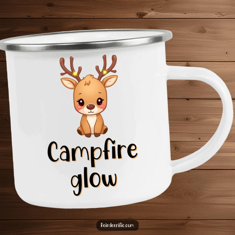Funny small brown reindeer with antlers adorned with tiny, glowing fairy lights on a camping mug.
