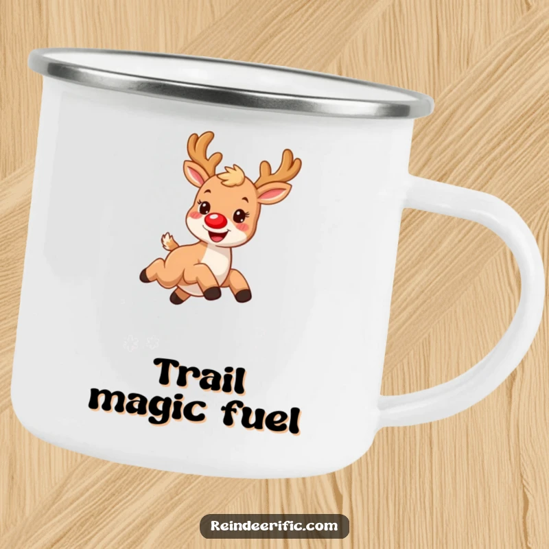 Funny camping mug showing a small, furry reindeer with a red nose, joyfully leaping over artistic snowflakes.