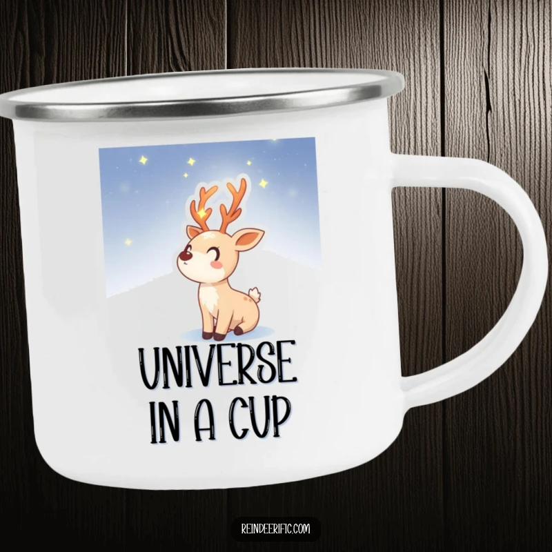 Funny camping mug showing a reindeer sprite with glowing, starry antlers, looking up at a beautiful night sky.