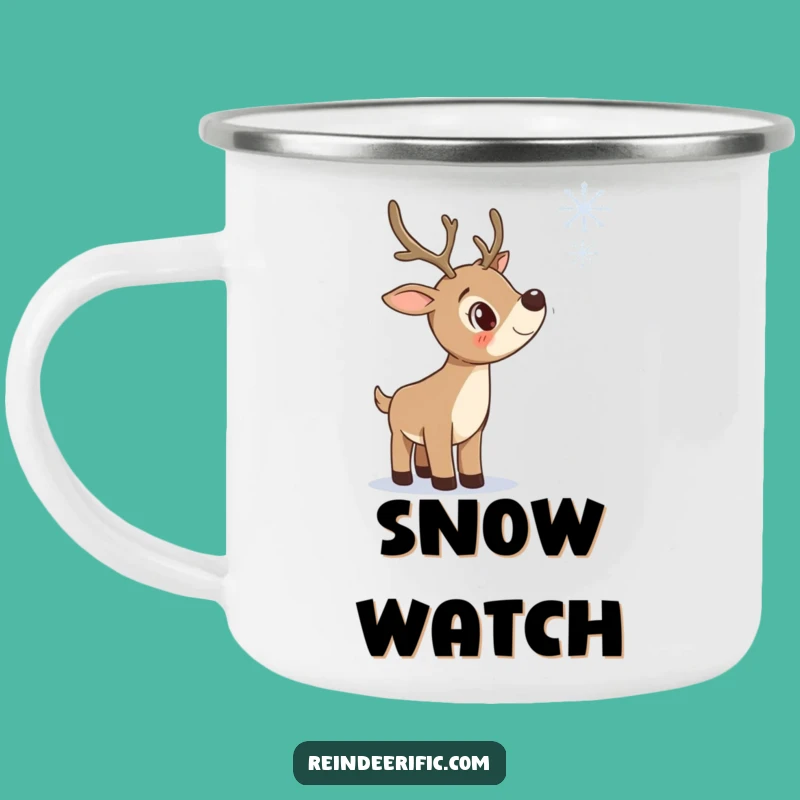 Funny Curious Reindeer Camping Mug: Enamel Snowflake Cup, Rugged Funny Gift!