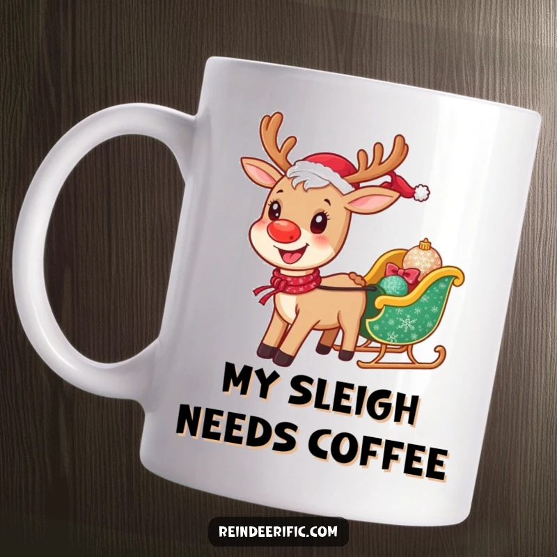 Funny mug featuring a cheerful reindeer with a big smile, joyfully pulling a tiny, sparkling sleigh, spreading holiday happiness.