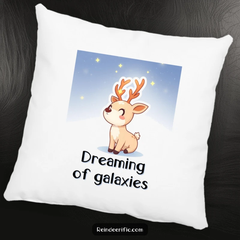 Funny pillow featuring a reindeer sprite with luminous, starry antlers, gazing upwards into a dark, star-filled night sky.