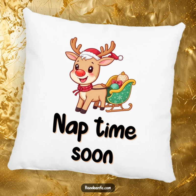 Funny pillow featuring a happy, smiling reindeer pulling a tiny, sparkling sleigh, perfect for adding festive comfort.