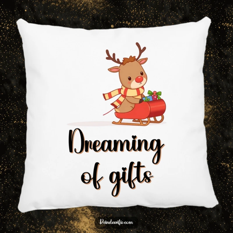 Funny pillow showcasing a dedicated reindeer in a small scarf, pulling a sleigh full of holiday presents.
