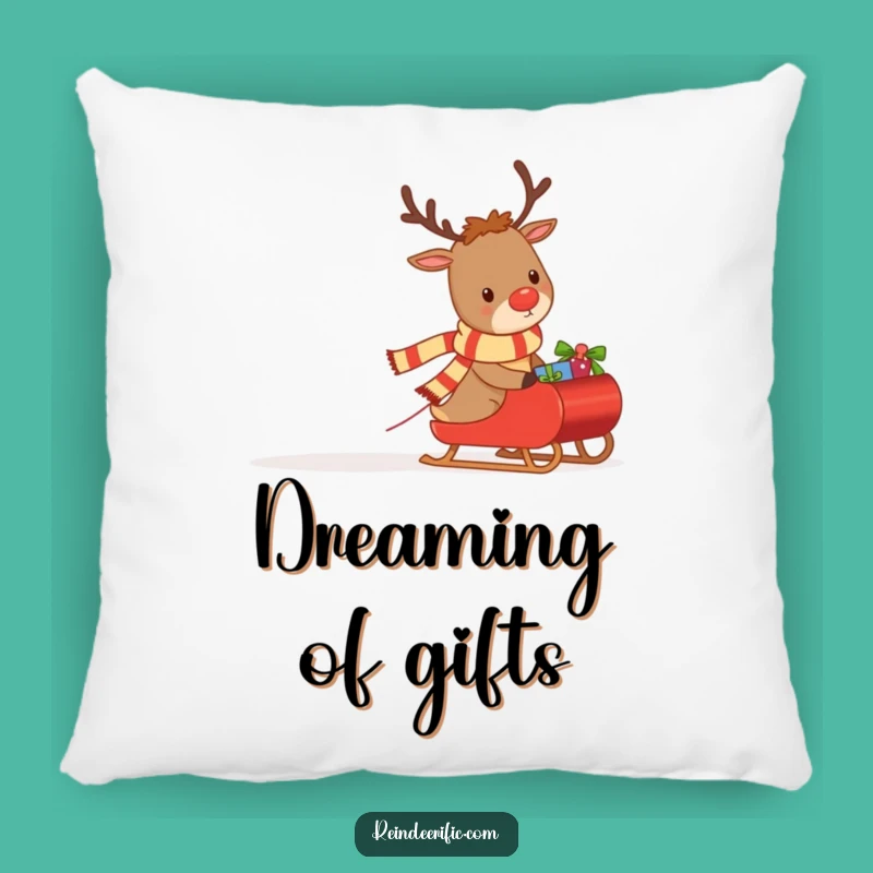 Funny Pillow: Determined Reindeer Pulling Gifts, Festive Comfort