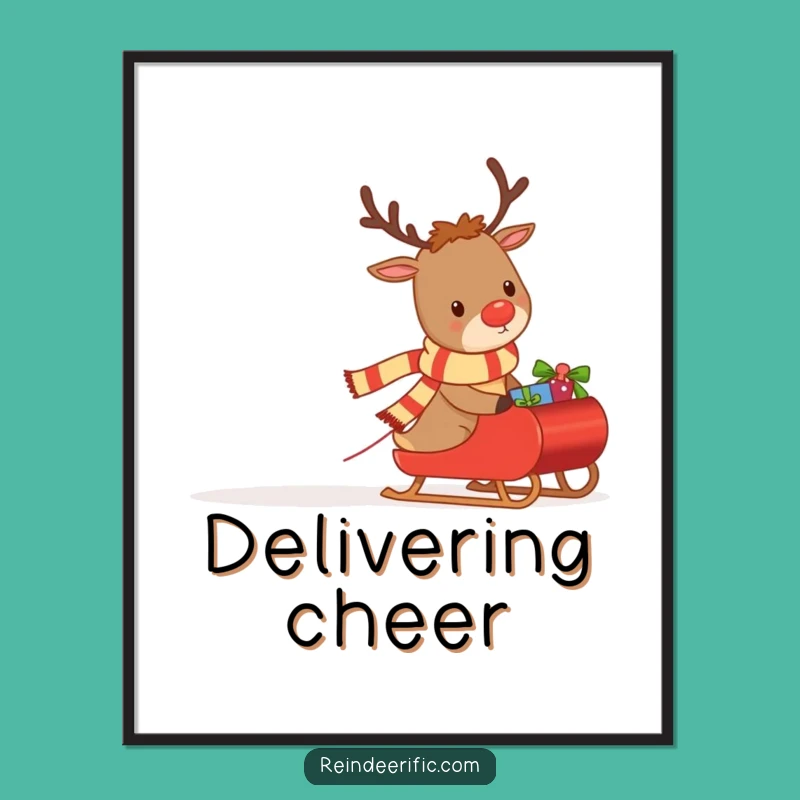 Funny Digital Art Print: Determined Reindeer Pulling Gifts, Festive Decor
