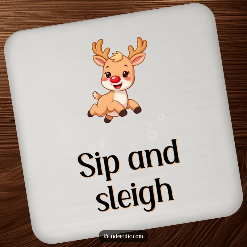 Funny drink coaster designed with a small, furry reindeer with a red nose, joyfully leaping over stylized snowflakes.