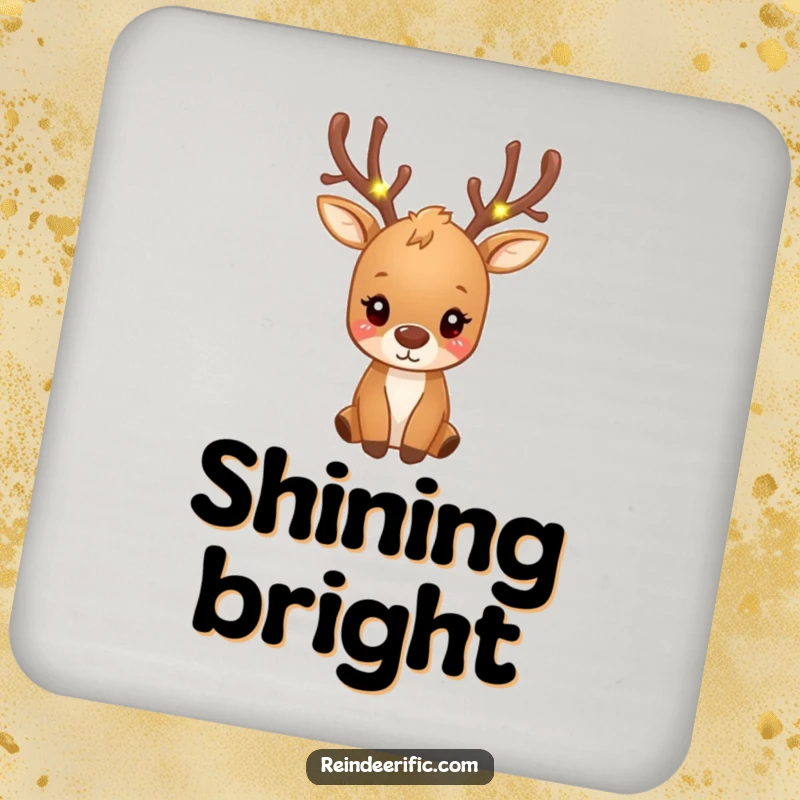 Funny small brown reindeer with antlers decorated with tiny, glowing fairy lights on drink coasters.