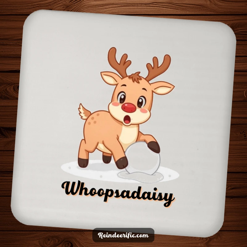 Funny reindeer with a surprised expression caught mid-stumble over a snowball on drink coasters.