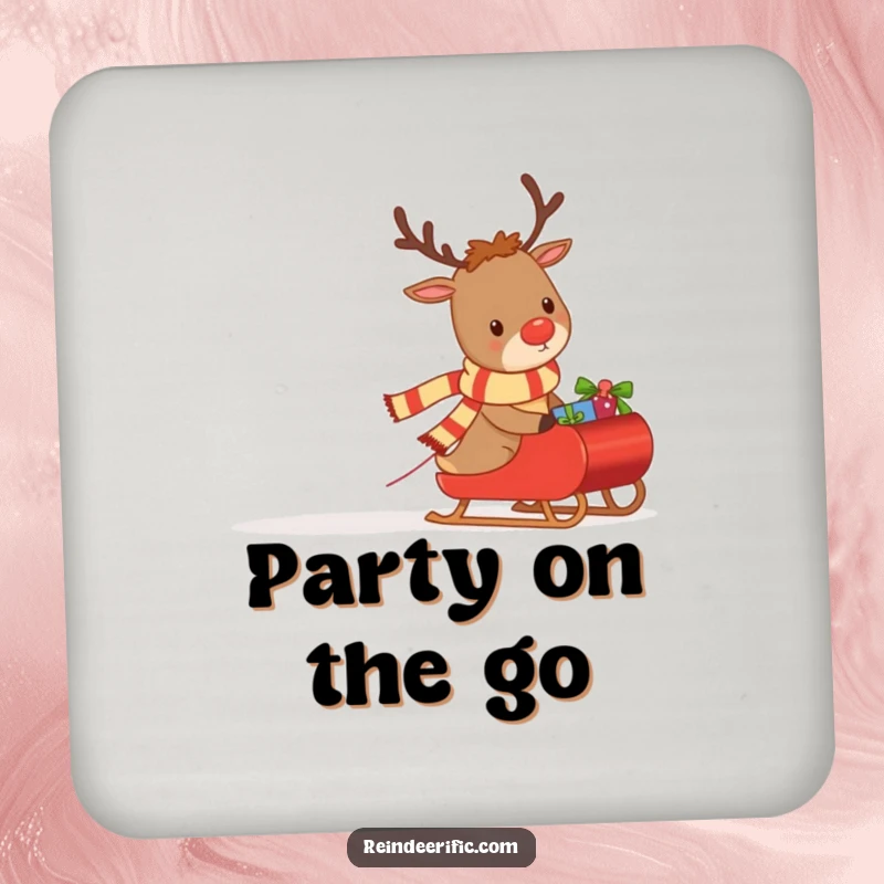 Funny drink coaster illustrated with a determined reindeer wearing a tiny festive scarf, pulling a sleigh full of gifts.