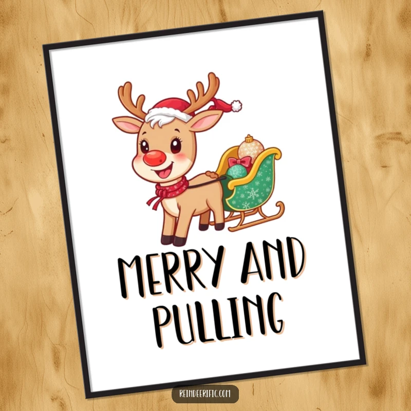 Funny poster print of a happy reindeer with a wide smile, pulling a miniature sparkling sleigh, creating a festive atmosphere.