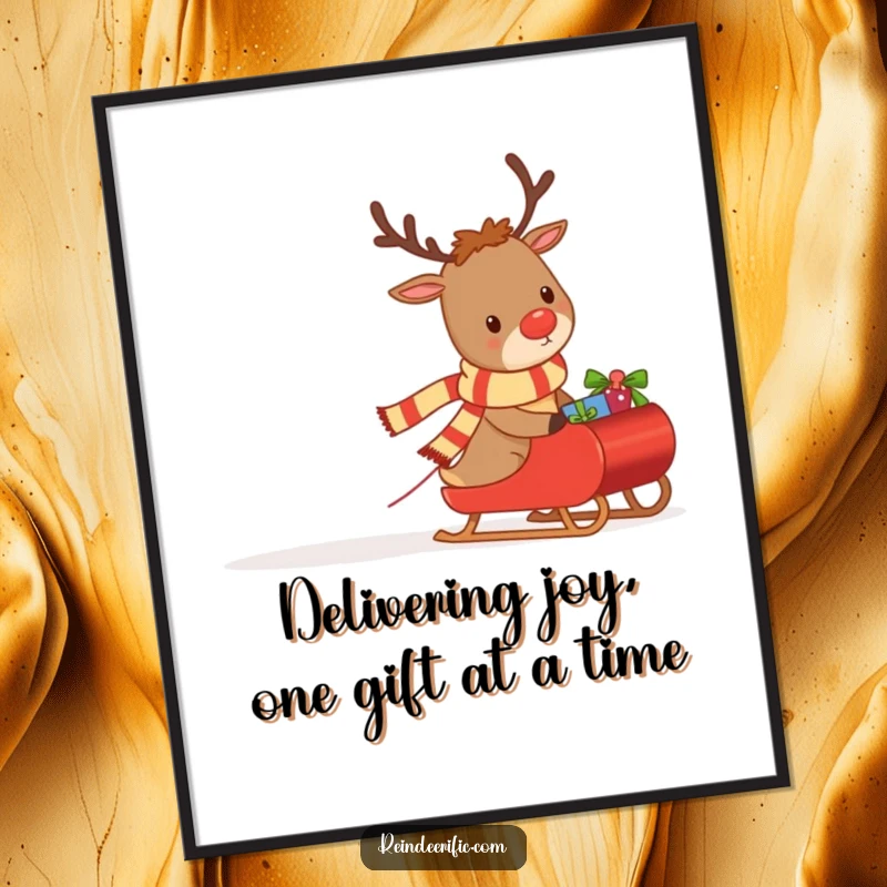 Funny Free Printable Wall Art: A determined reindeer wearing a scarf pulls a small sleigh overflowing with gifts.