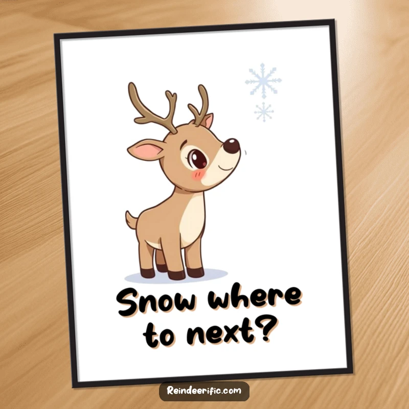Funny Free Printable Wall Art: A curious reindeer tilting its head, intently watching a single snowflake fall, adding whimsical charm to any wall.