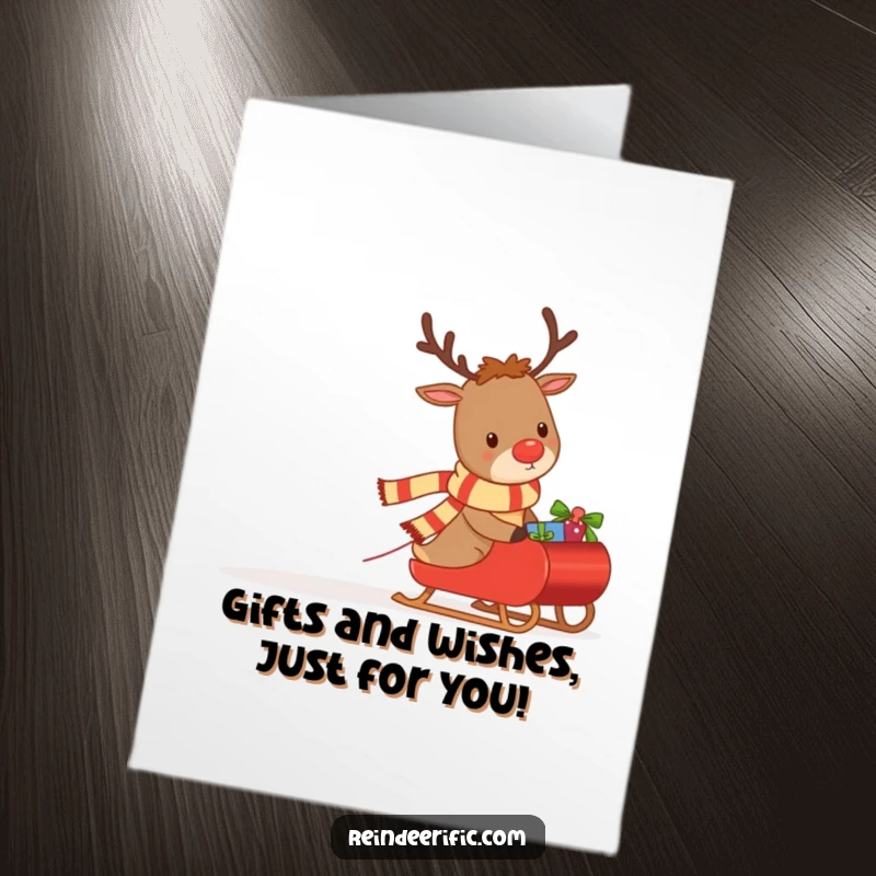 Funny Free Printable Birthday Card: Determined reindeer in a scarf pulling a sleigh full of gifts, ready to celebrate.