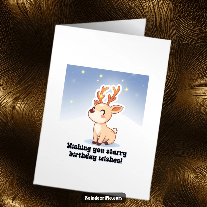 Funny Free Printable Birthday Card: Reindeer sprite with glowing starry antlers gazing at the night sky, sending birthday wishes.