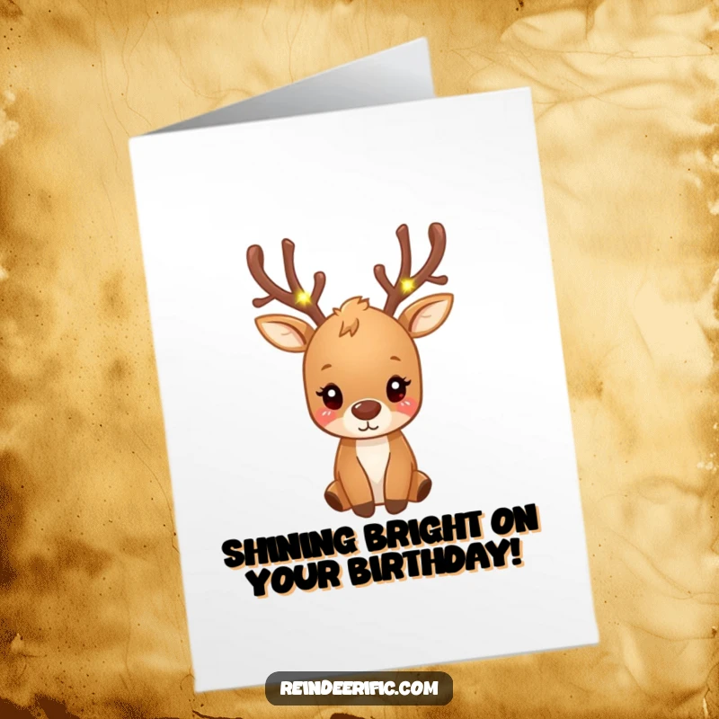 Funny Free Printable Birthday Card: Small brown reindeer with antlers adorned in glowing fairy lights, whimsical and festive.