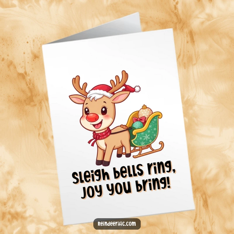 Funny Free Printable Birthday Card: Jovy reindeer with a big smile, pulling a tiny sparkling sleigh, ready for festive wishes.