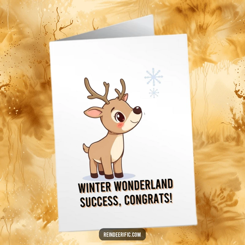 Funny Free Printable Congratulations Card: A curious reindeer tilting its head, fascinated by a single falling snowflake, celebrating success.