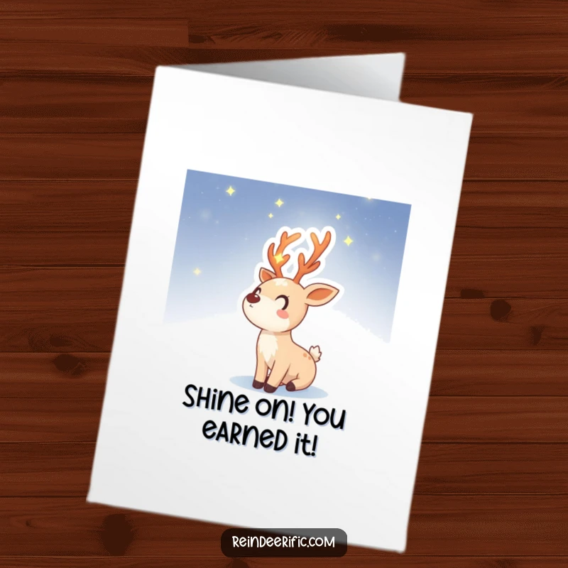 Funny Free Printable Congratulations Card: Reindeer sprite with glowing starry antlers looking up at the night sky, celebrating success.
