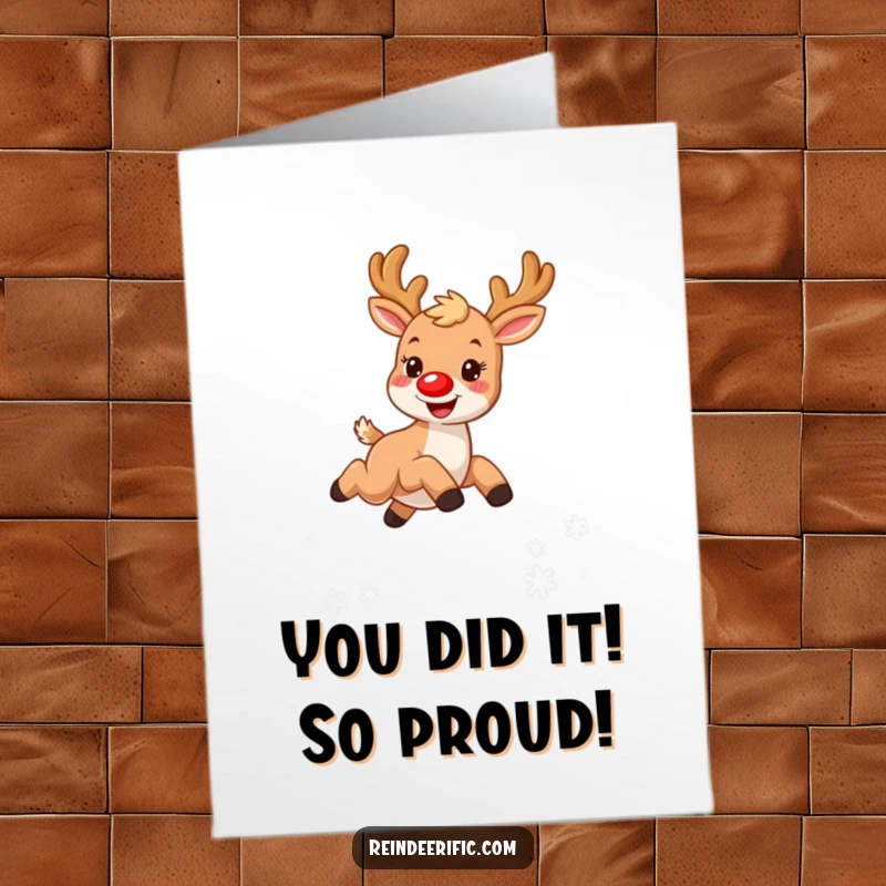 Funny Free Printable Congratulations Card: Happy reindeer with red nose celebrating success by leaping over snowflakes.