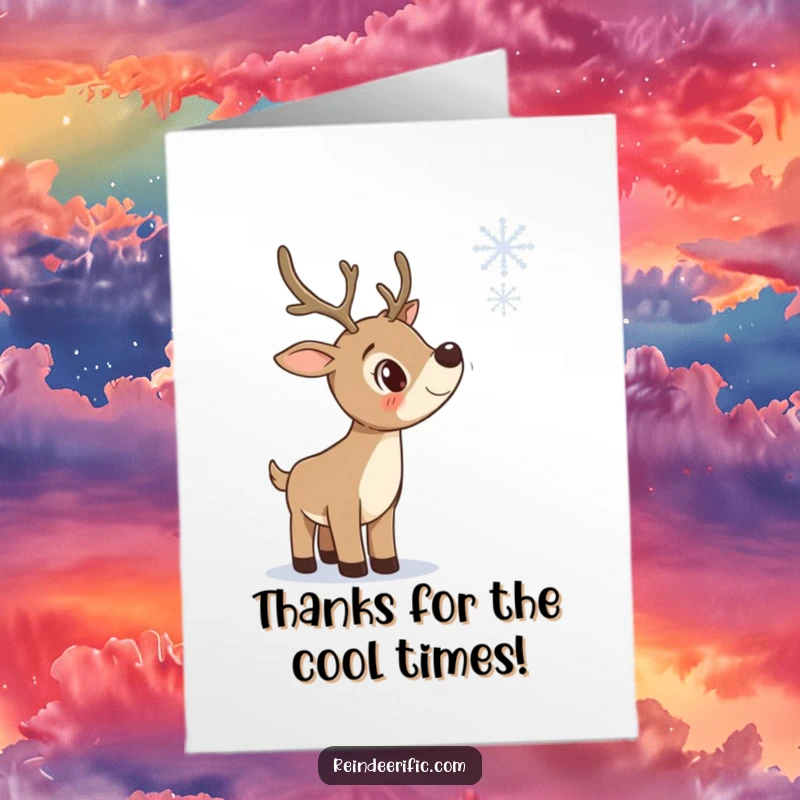 Funny Free Printable Thank You Card: A curious reindeer tilting its head, observing a delicate snowflake, perfect for expressing warm thanks.
