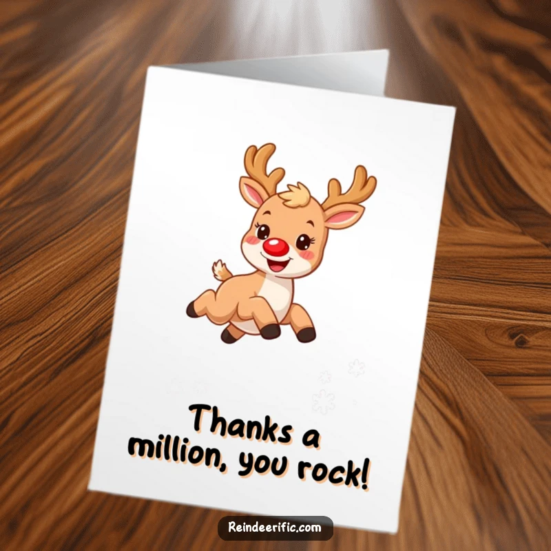 Funny Free Printable Thank You Card: Grateful reindeer with red nose leaping over snowflakes, expressing thanks.