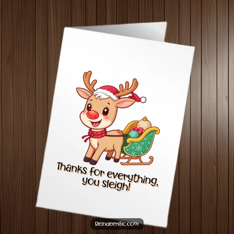Funny Free Printable Thank You Card: A cheerful reindeer pulling a tiny sparkling sleigh, offering thanks with a wide smile.