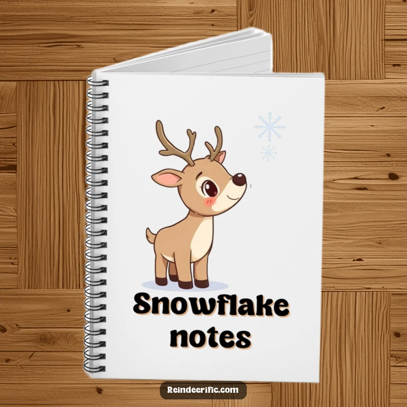 Funny notebook with a curious reindeer tilting its head to watch a falling snowflake, ideal for notes.