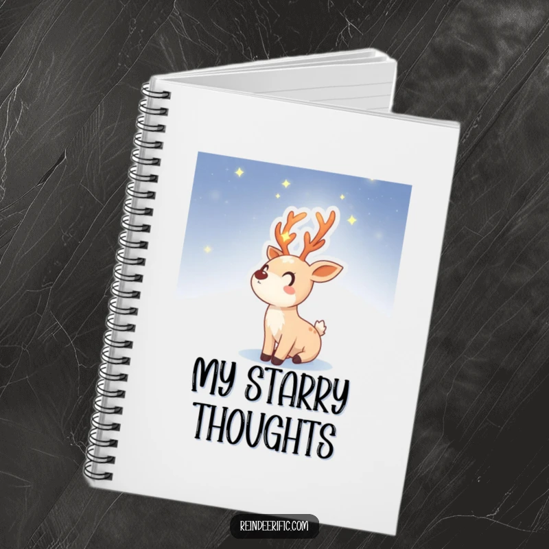 Funny notebook cover featuring a reindeer sprite with luminous, starry antlers, looking up at the night sky.