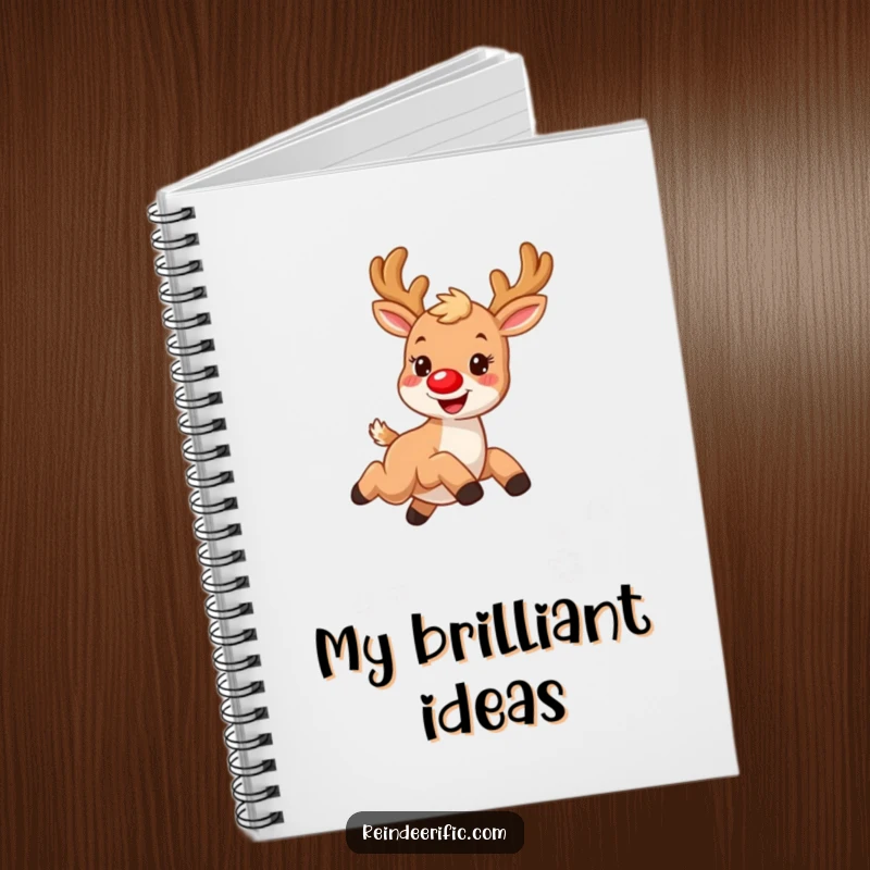 Funny notebook cover showing a small, furry reindeer with a bright red nose, joyfully leaping over tiny snowflakes.