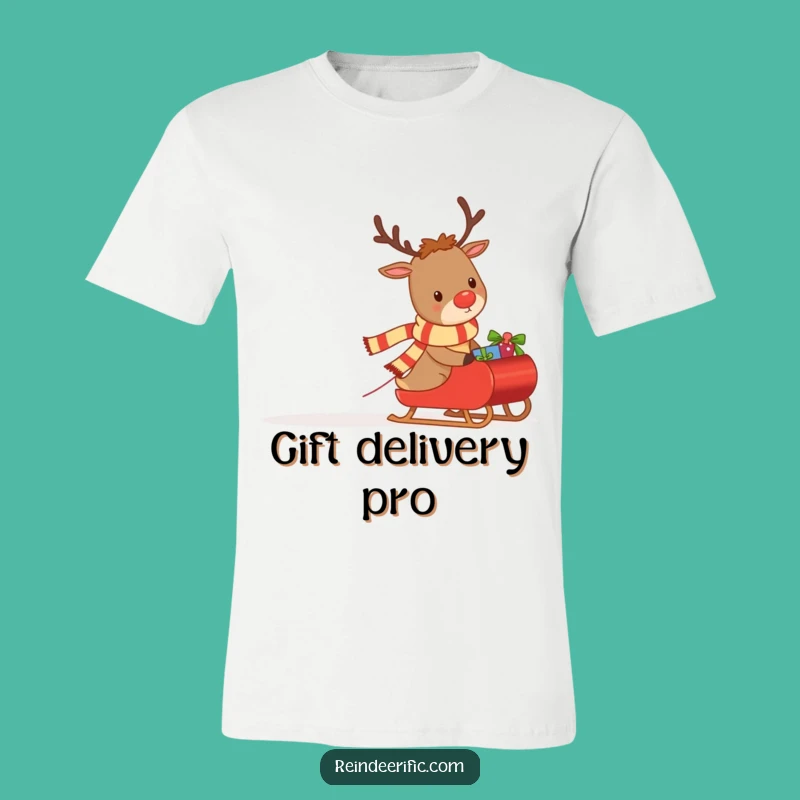 Funny T-Shirt: Determined Reindeer Pulling Gifts, Festive Scarf Design
