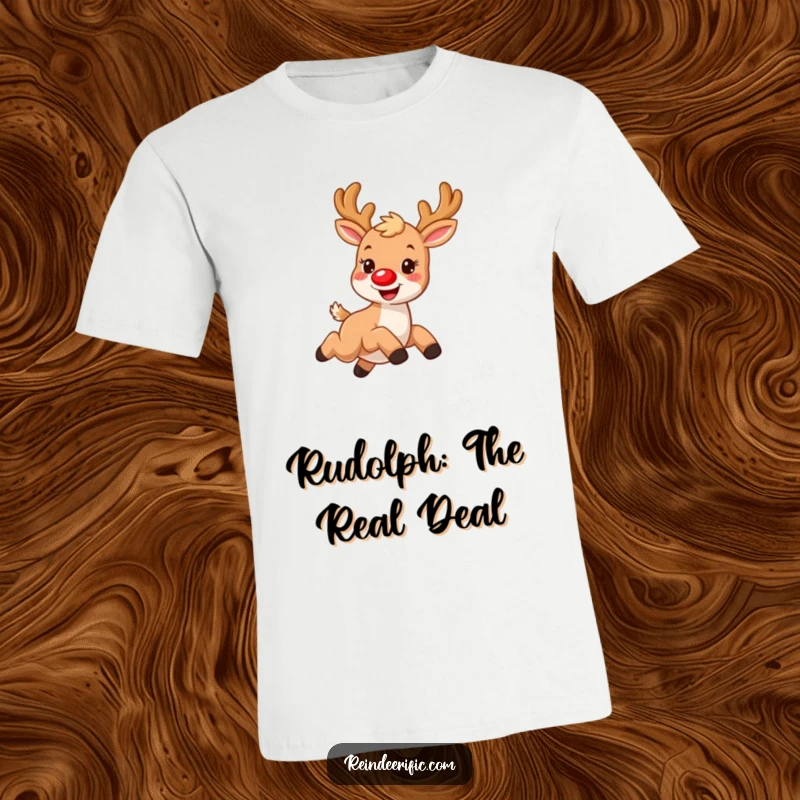 Funny t-shirt with a small, furry reindeer, bright red nose, happily leaping over sparkling snowflakes, celebrating joy.