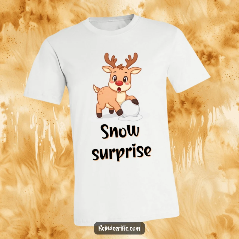 Funny reindeer with a surprised expression caught mid-stumble over a snowball, printed on a t-shirt.