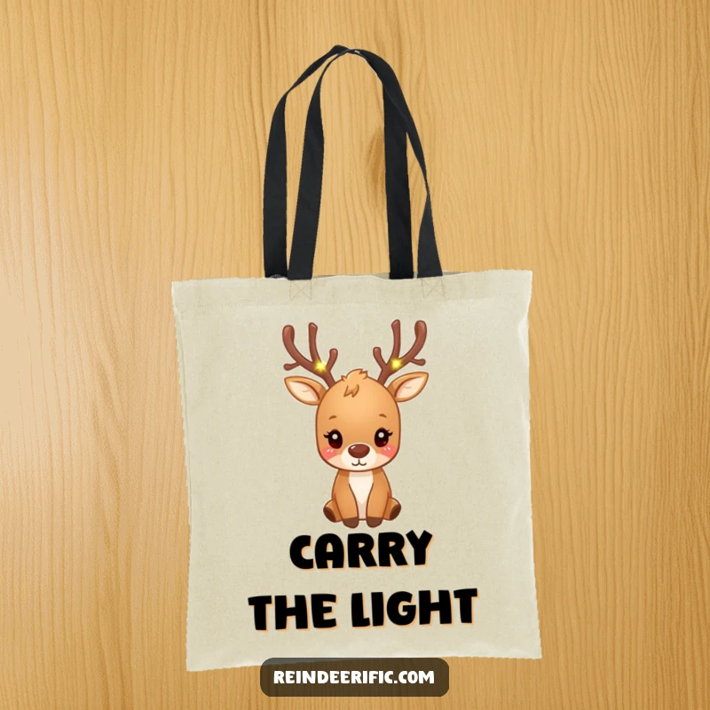 Funny small brown reindeer with antlers adorned with glowing fairy lights on a durable tote bag.