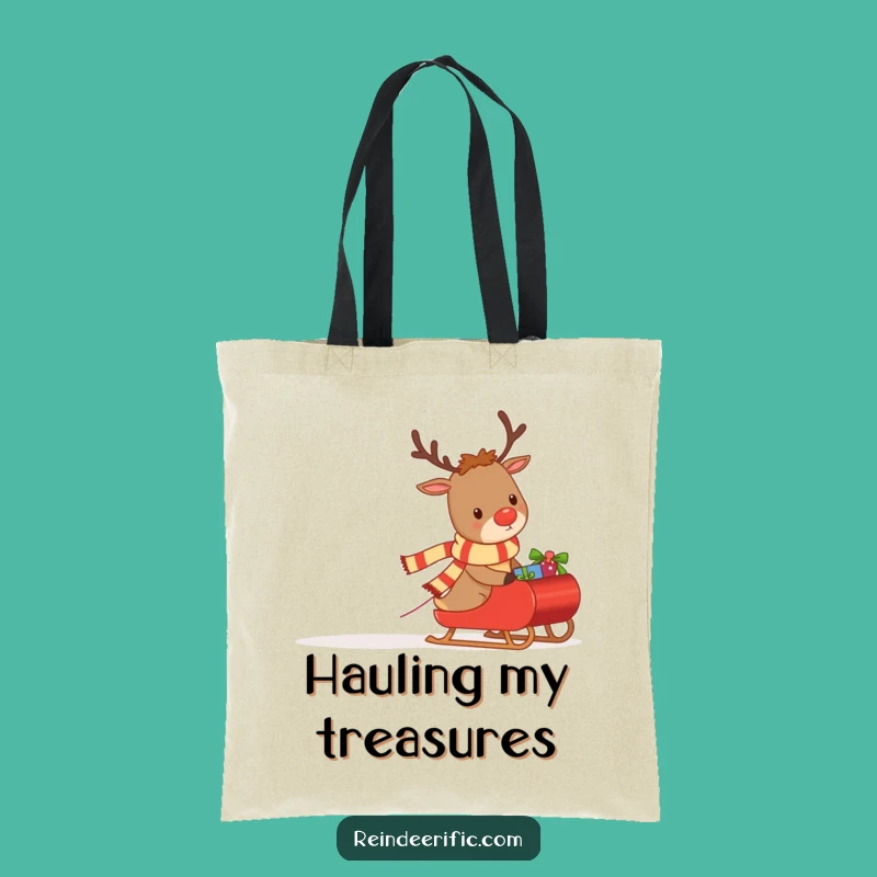 Funny Tote Bag: Determined Reindeer Pulling Gifts, Festive Accessory